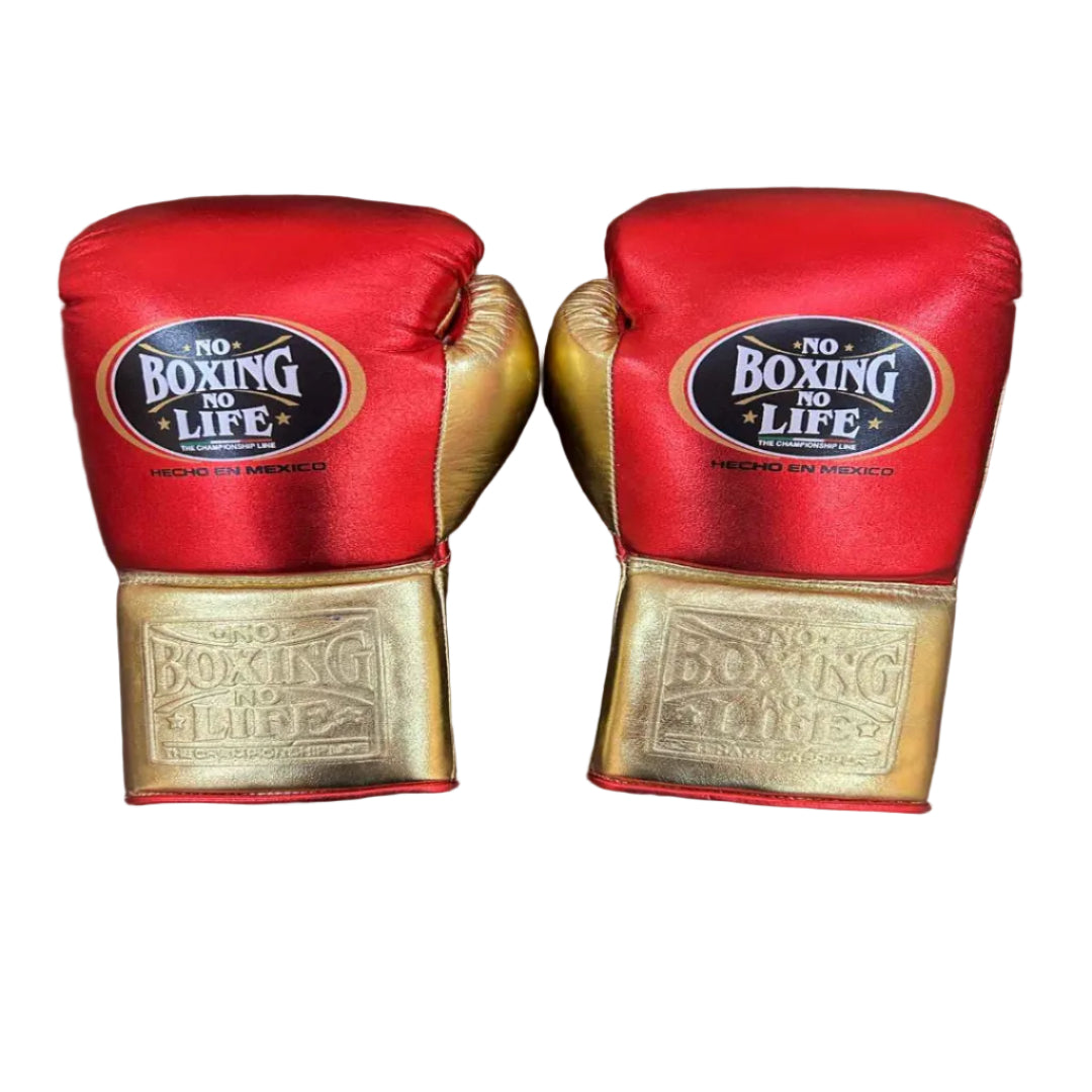 Red and gold boxing gloves with 'No Boxing No Life' branding on a wooden surface