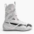A high-top athletic sneaker in white, gray, and black, featuring a textured mesh and synthetic upper with a lace-up closure, shown from a side profile on a light gray background.