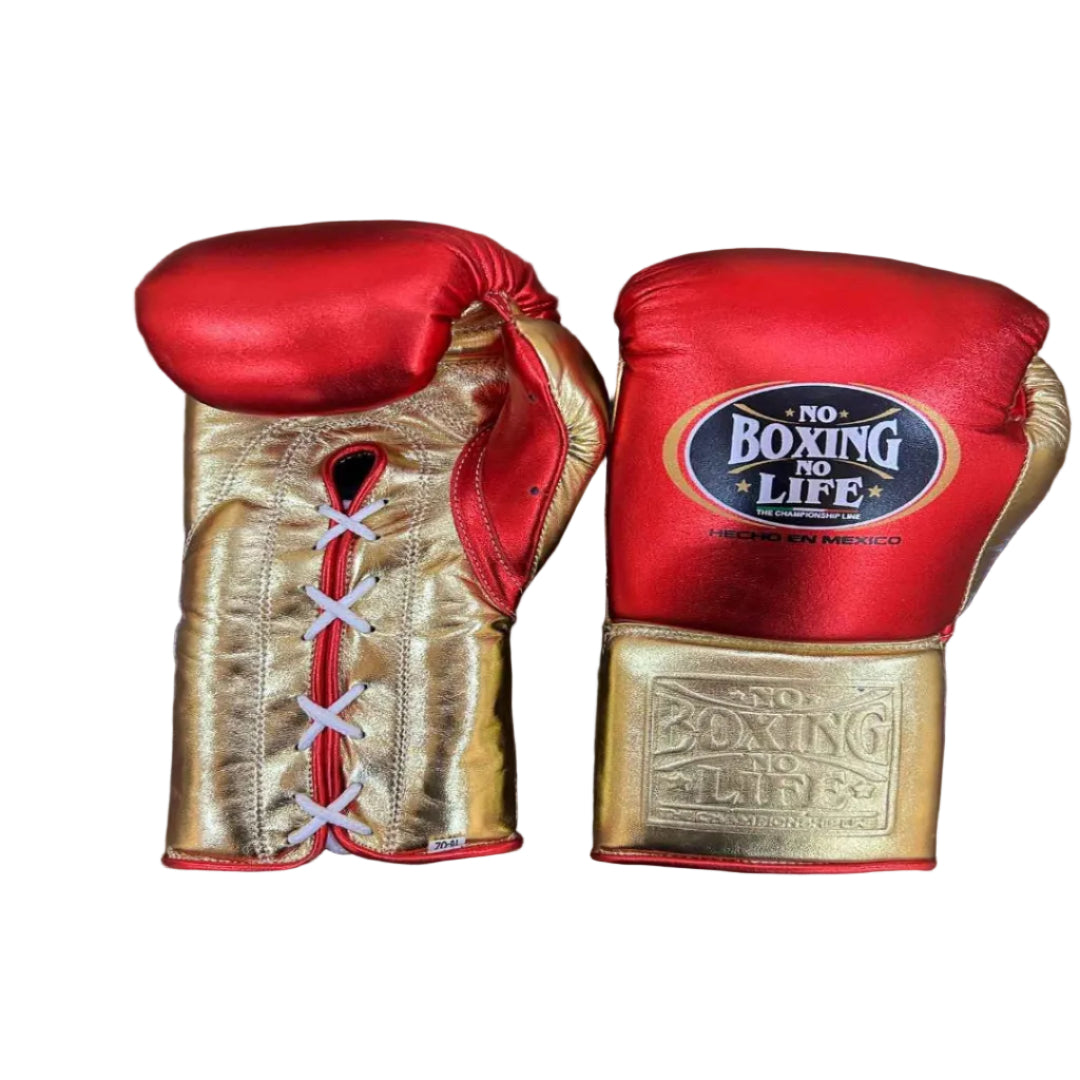 Red and gold boxing gloves with 'No Boxing No Life' logo on a wooden surface