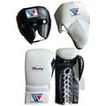 Boxing gloves and headgear with a brand logo on a white background