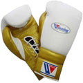 Pair of gold and white boxing gloves with a visible brand logo on a white background