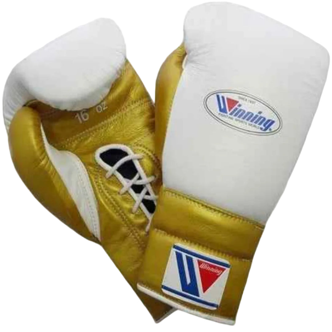 Pair of gold and white boxing gloves with a visible brand logo on a white background