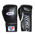 Pair of black boxing gloves with white laces on a white background, featuring the Winning logo.