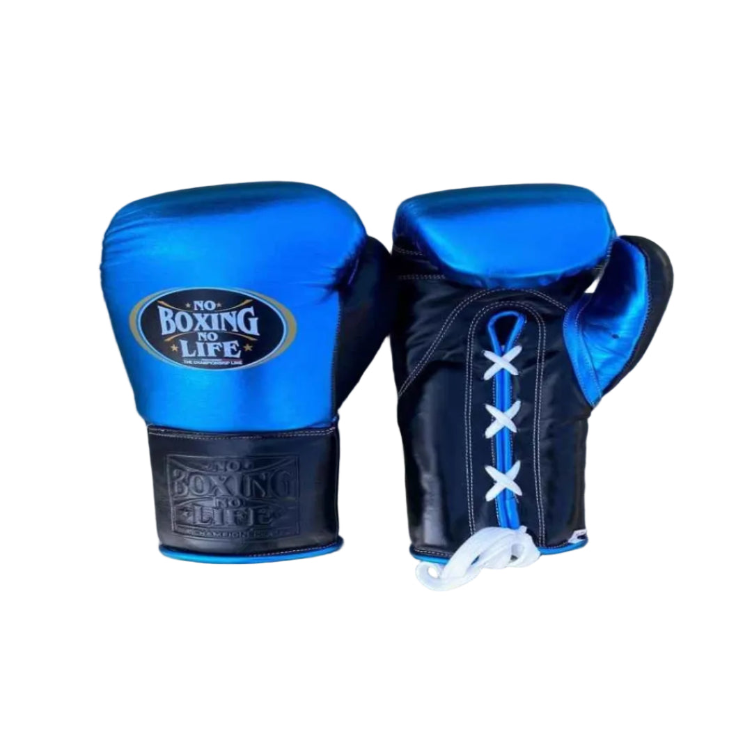 Blue boxing gloves with black accents on a wooden surface