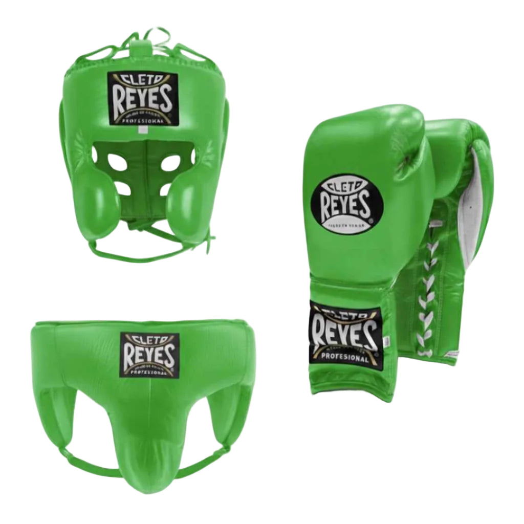 Green boxing headgear and gloves with Cleto Reyes logo on a white background
