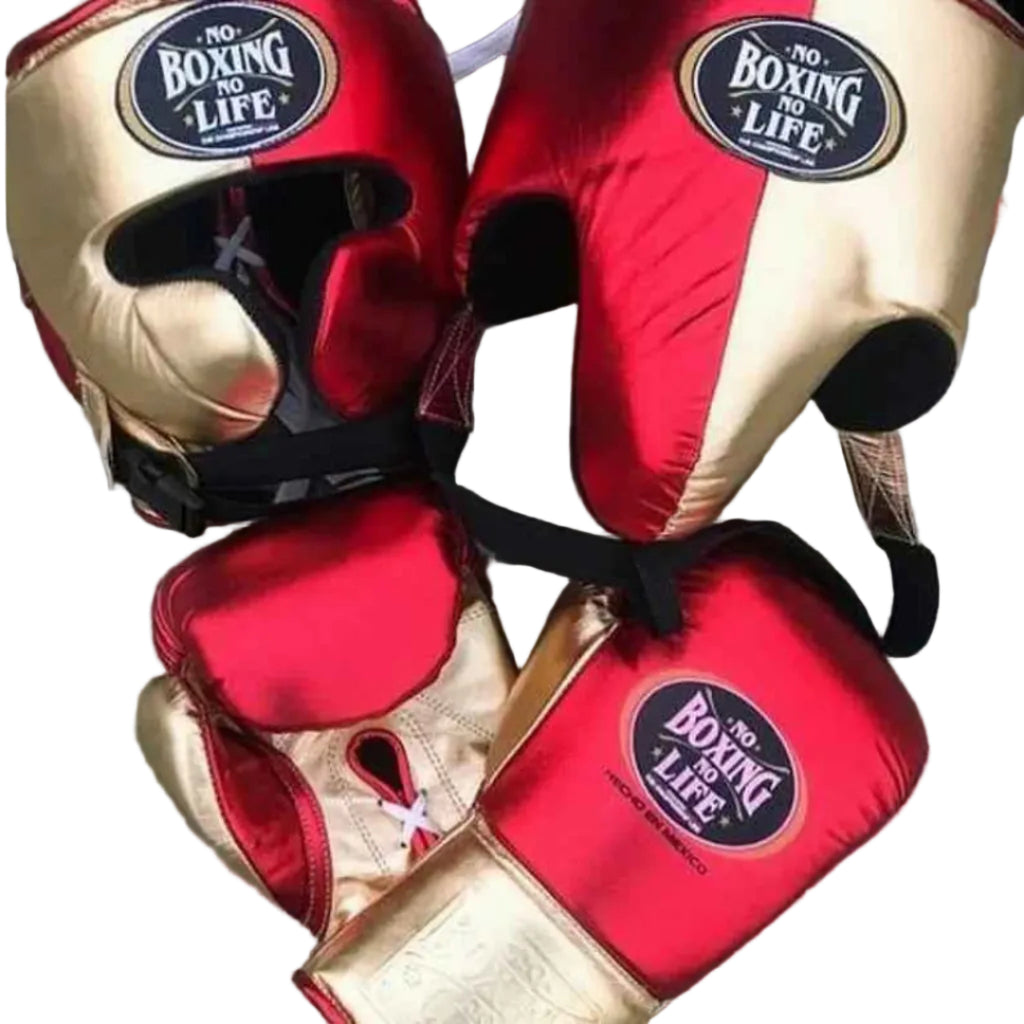 Red and gold boxing headgear and gloves with 'No Boxing No Life' logo on a wooden surface.