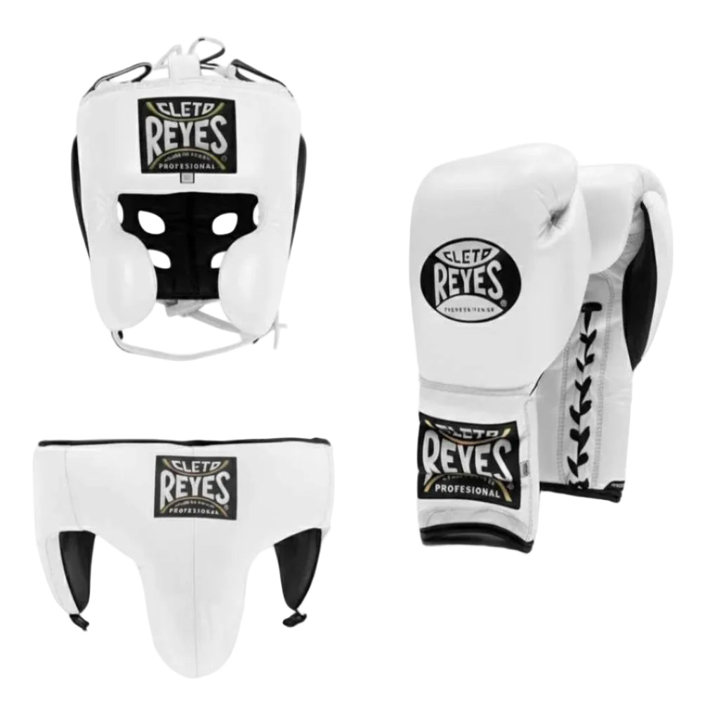 Cleto Reyes boxing gear including headgear and gloves on a white background