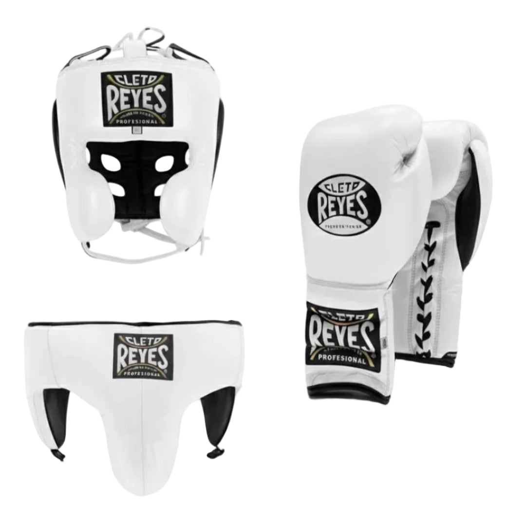 Cleto Reyes boxing gear including headgear and gloves on a white background