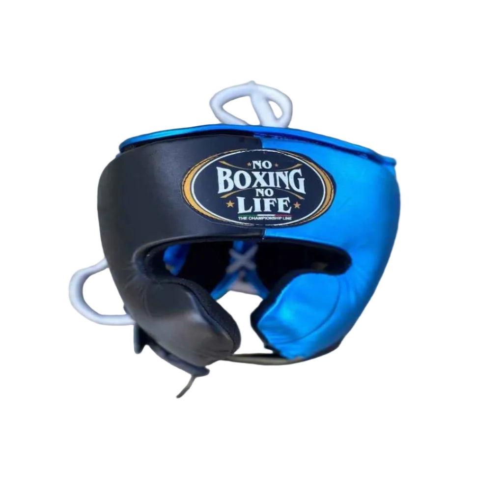 Blue and black boxing headgear with 'No Boxing No Life' logo on a wooden surface
