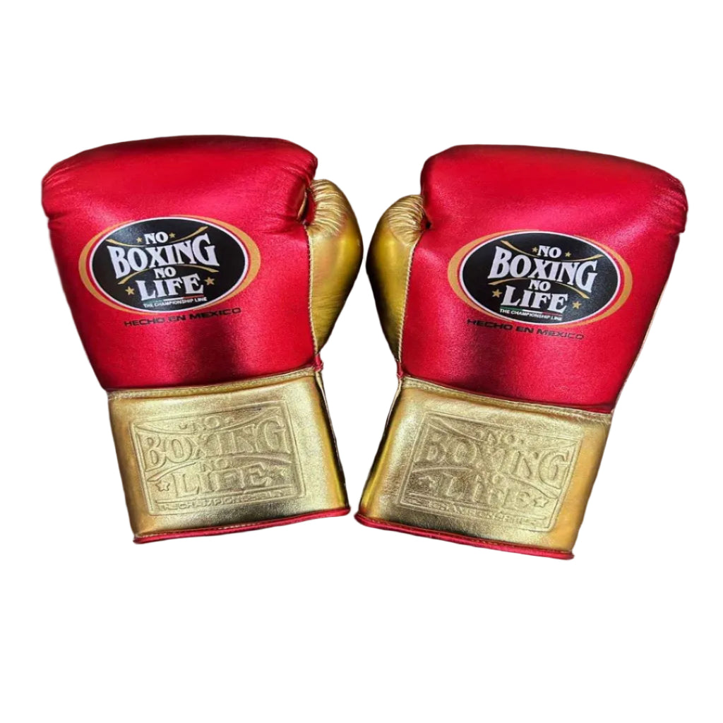 Red and gold boxing gloves with 'No Boxing No Life' branding on a wooden surface