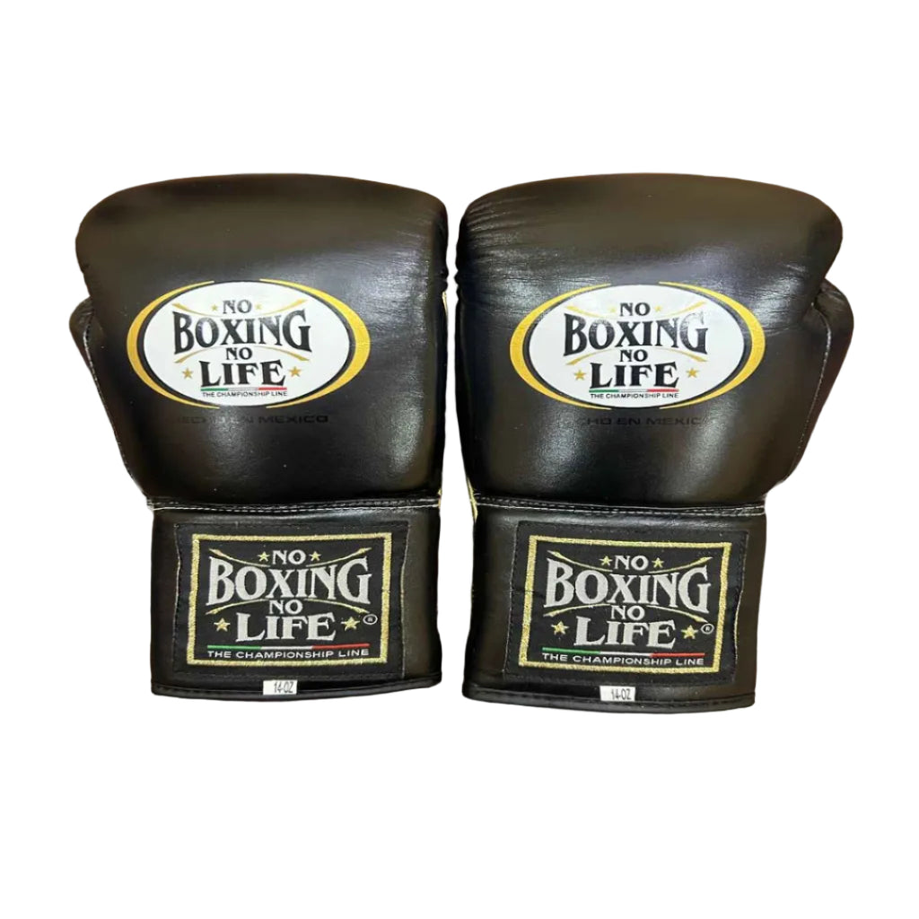 Pair of black boxing gloves with 'No Boxing No Life' logo on a wooden surface