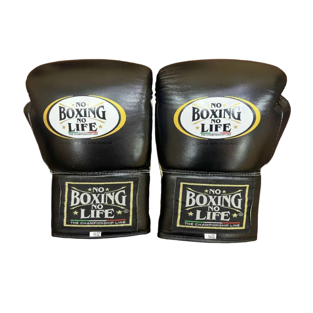 Pair of black boxing gloves with 'No Boxing No Life' logo on a wooden surface