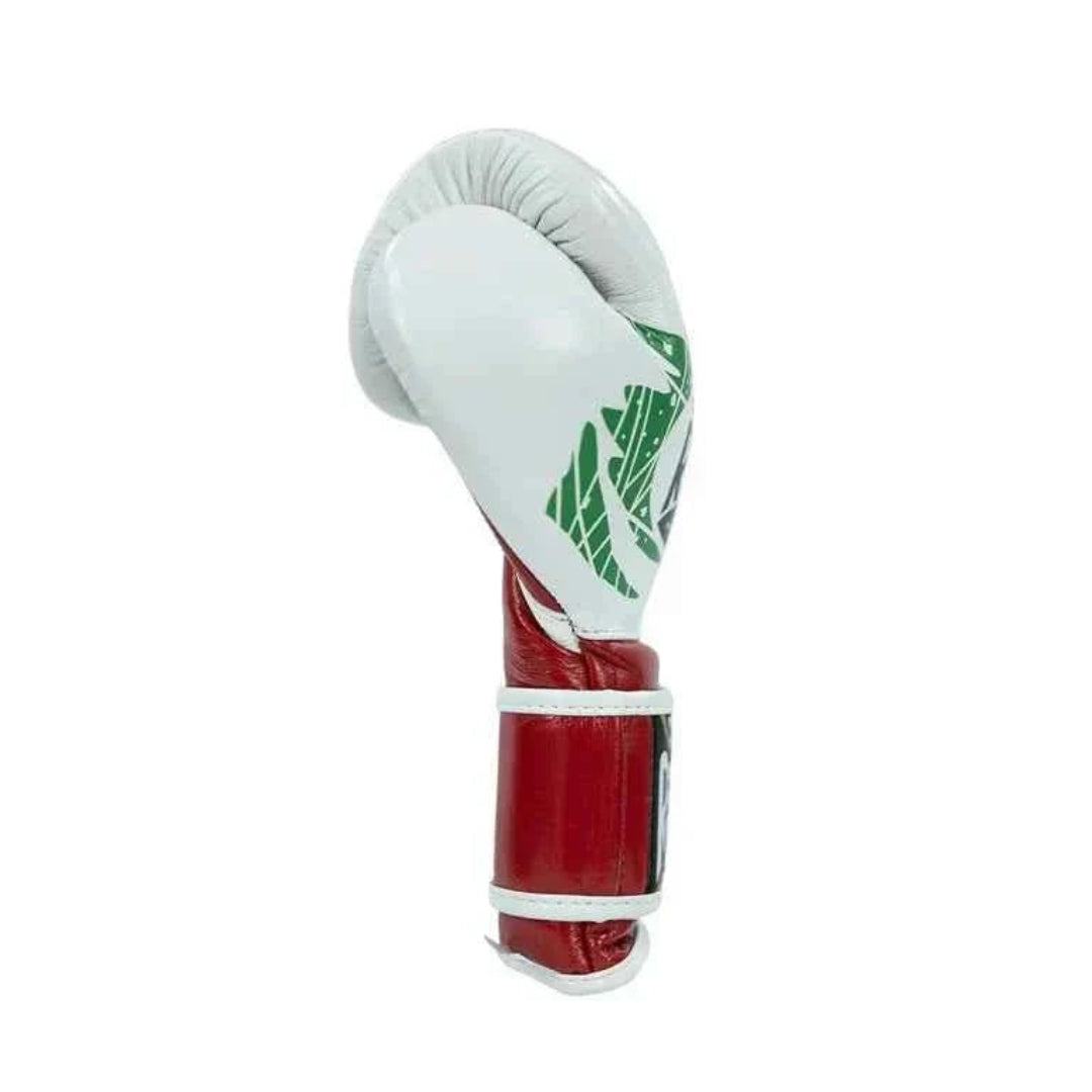 Boxing glove with green leaf design on a white background