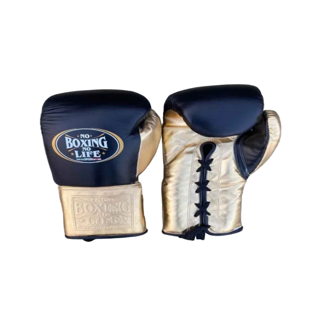 Pair of boxing gloves with 'No Boxing No Life' logo on a wooden surface