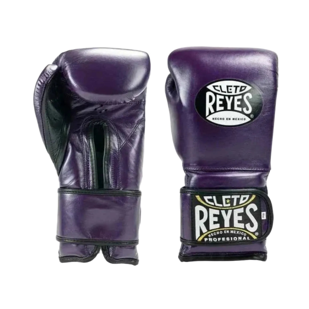Purple boxing gloves with Cleto Reyes logo on a white background