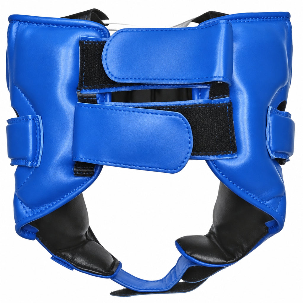 Blue and black protective headgear with a visible brand logo on a white background