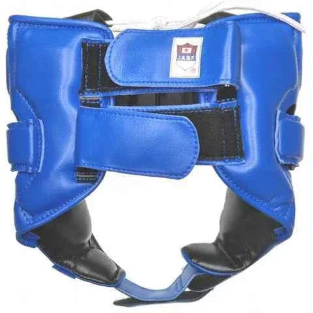 Blue and black protective headgear with a visible brand logo on a white background
