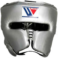 Silver boxing headgear with a visible brand logo on a white background