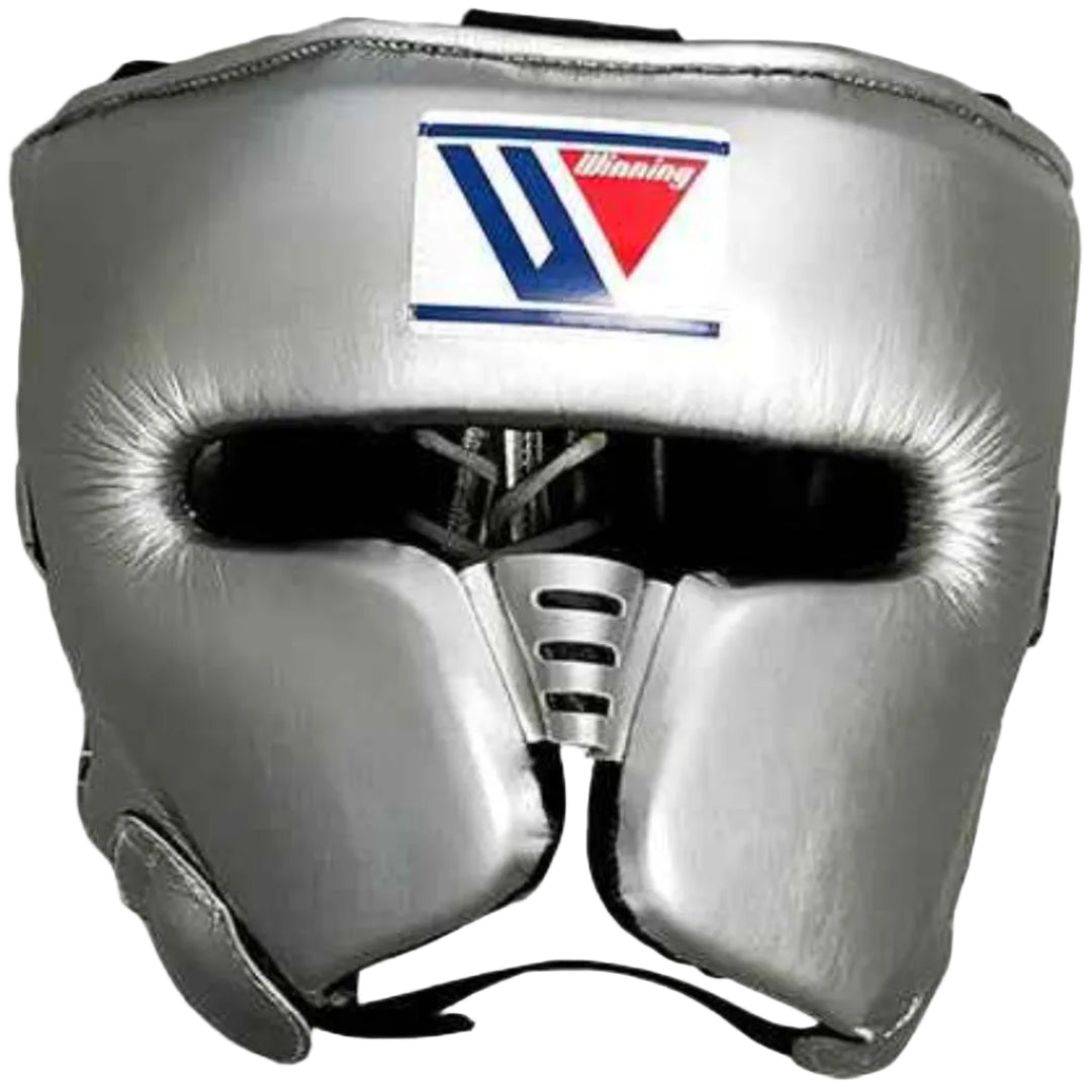 Silver boxing headgear with a visible brand logo on a white background
