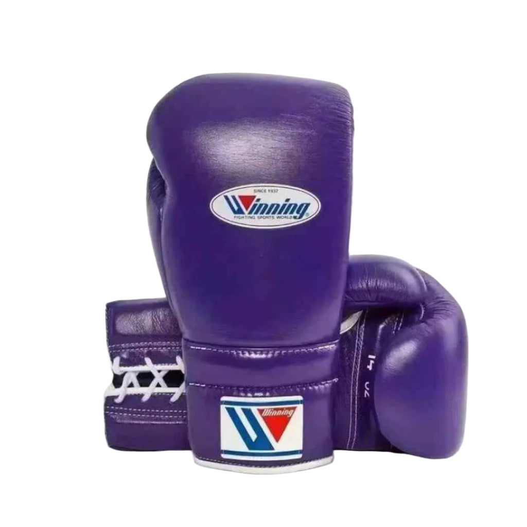 Purple boxing gloves with a brand logo on a white background