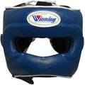 Blue boxing headgear with clear face guard and 'Winning' logo on a white background