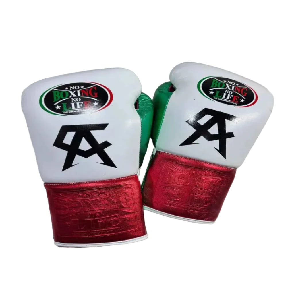 Pair of white boxing gloves with red accents and black logo on a white surface.