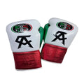 Pair of white boxing gloves with red accents and black logo on a white surface.