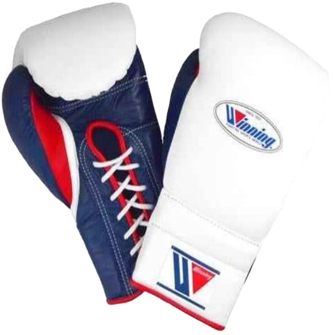Pair of boxing gloves with blue, red, and white design on a white background