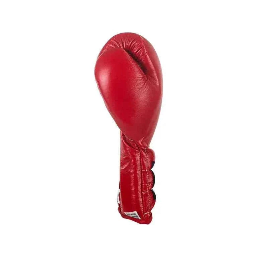 A single red leather boxing glove shown upright against a plain white background.