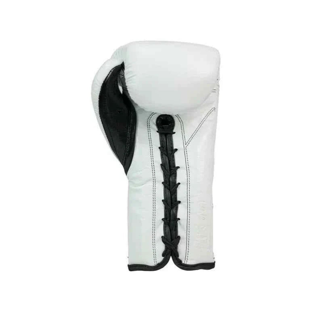 White boxing glove with black accents on a white background