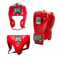 Red boxing headgear and gloves with Cleto Reyes logo on a white background
