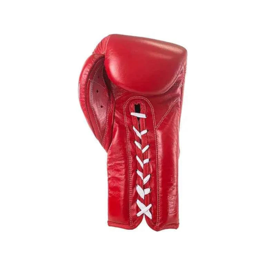 Red boxing glove with white laces on a white background