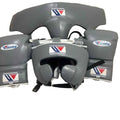 Gray boxing headgear and gloves with a brand logo on a beige surface