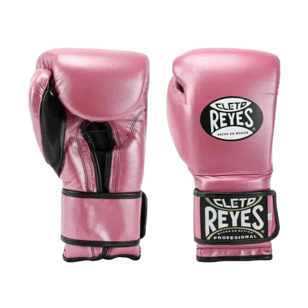 Pink boxing gloves with 'Cleto Reyes' branding on a white background