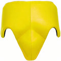 Yellow motorcycle seat cover with a brand logo on a white background