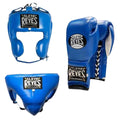 Blue boxing headgear and gloves with Cleto Reyes logo on a white background