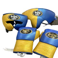 Blue and yellow boxing gloves with 'This Boxing Life' branding on a textured surface.