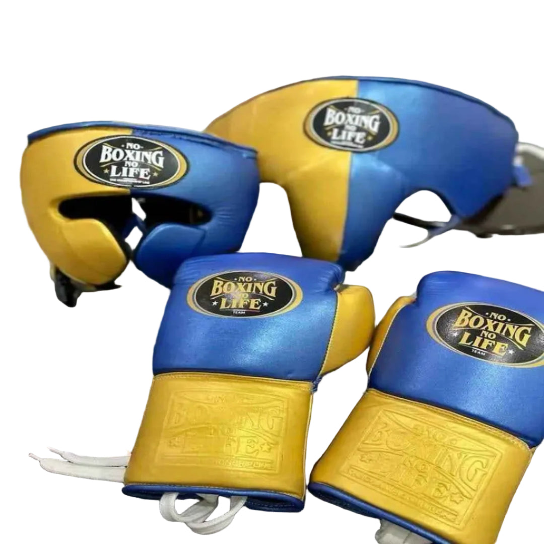Blue and yellow boxing gloves with 'This Boxing Life' branding on a textured surface.