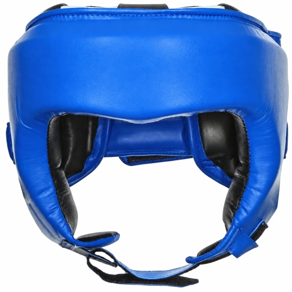 Blue boxing headgear with a visible brand logo on a white background