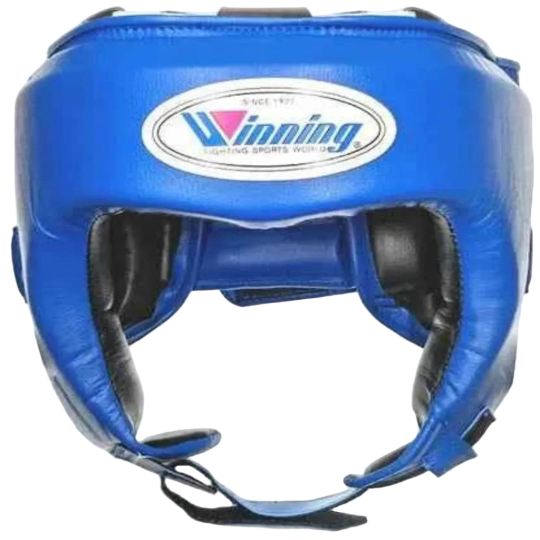 Blue boxing headgear with a visible brand logo on a white background