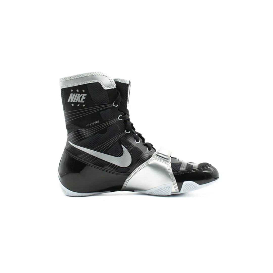 Black and white boxing shoe with Nike logo on a white background
