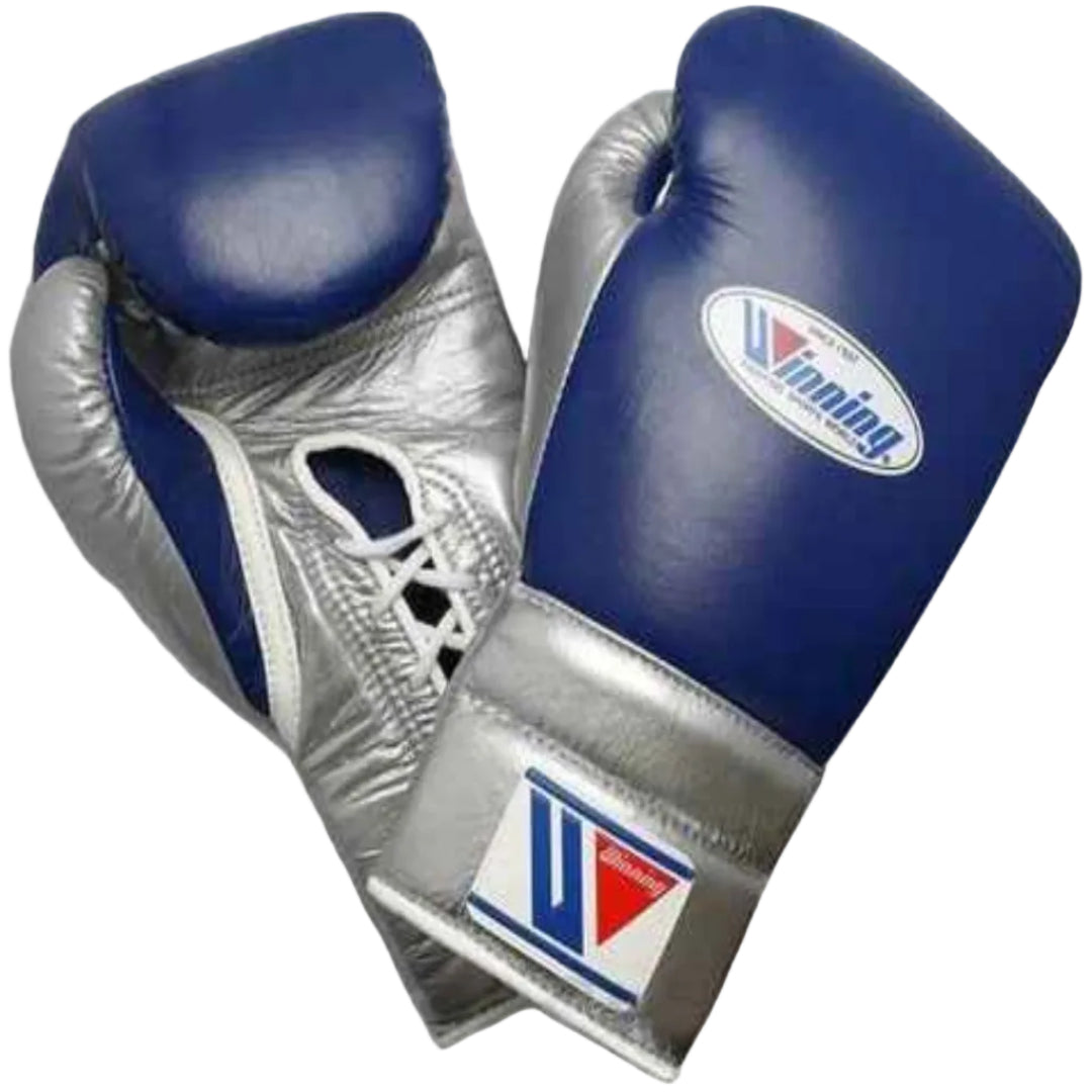 Pair of blue and silver boxing gloves with a brand logo on a white background
