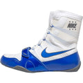 A white and blue Nike high-top athletic shoe shown from the side against a plain white background.