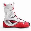 A high-top athletic sneaker in white, red, and black, shown from a side profile view against a plain white background.