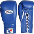 Blue boxing gloves with white laces and Winning logo on a white background