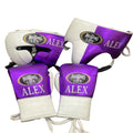 Purple and white boxing gloves with 'No Boxing Life' and 'Alex' branding on a wooden surface.