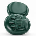 Green boxing mitts with a brand logo on a white background