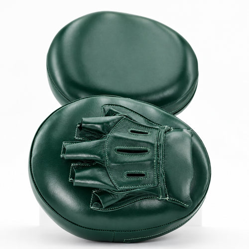 Green boxing mitts with a brand logo on a white background