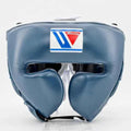 Blue boxing headgear with a visible brand logo on a white background