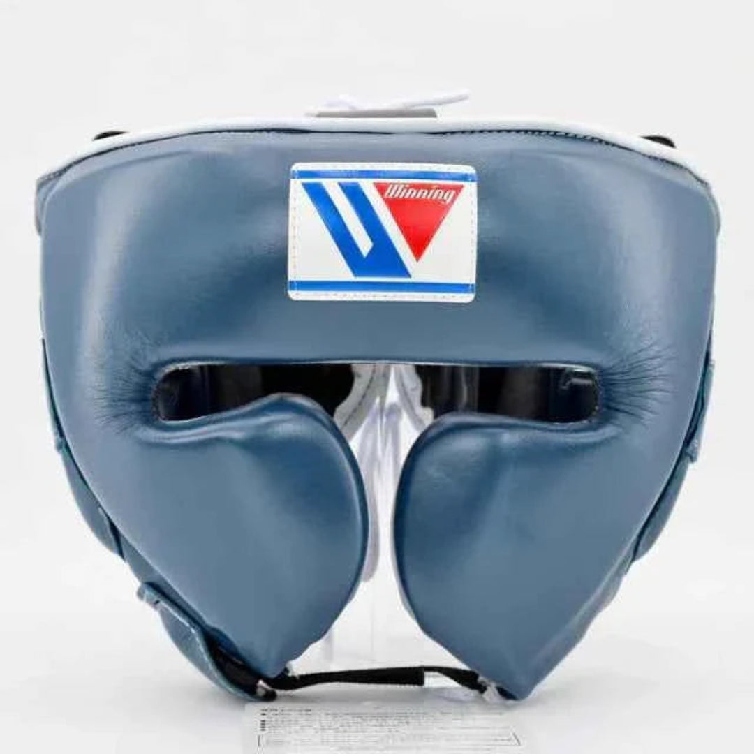 Blue boxing headgear with a visible brand logo on a white background